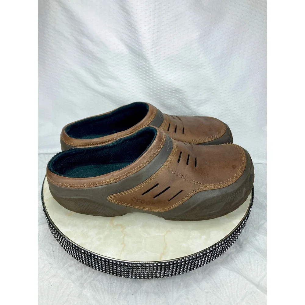Crocs Leather Yukon Sport Clog Men 13 Brown Comfort Rugged Slip On Outdoor Mules